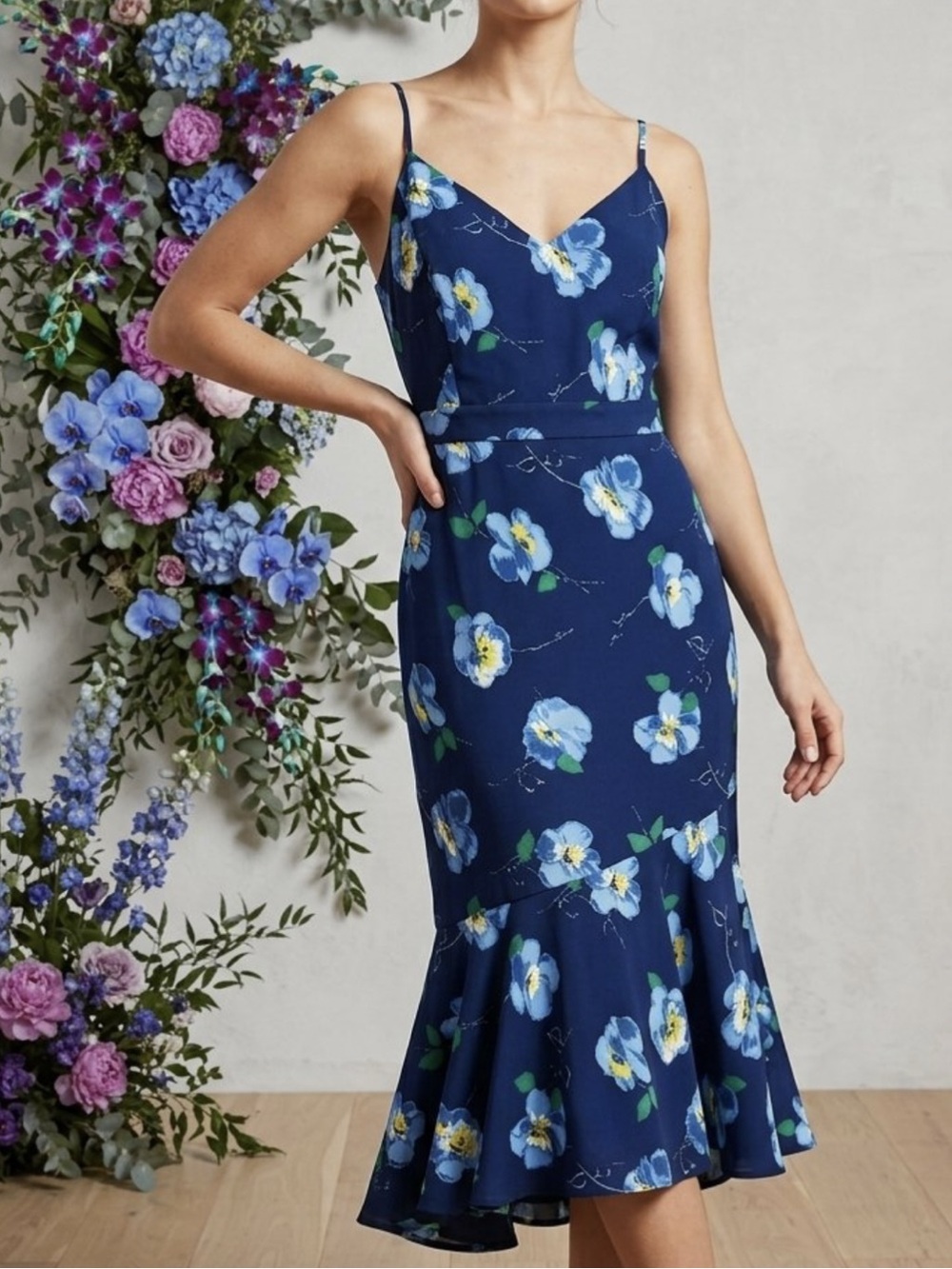 NWT Banana Republic Black and Blue Floral High Low chiffon dress size 6